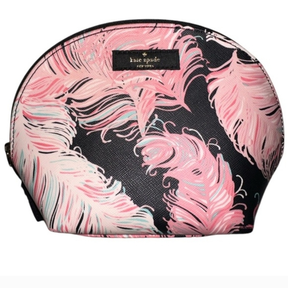 Kate Spade EUC Black and Multicolored Feather Print Faux Leather Cosmetic Bag